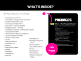Promotional graphic for DJ business forms with a tablet displaying 'Packages' and text detailing included items.
