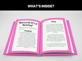 Open book with text on marketing principles, titled 'What's Inside?'