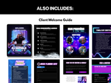 Collection of client welcome guide pages with colorful designs and text on a black background.