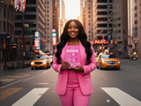 Woman in a pink suit holding a book titled 'Marketing Isn't Broken' on a city street.
