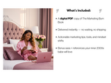 Woman in pink robe using a laptop in a bedroom with a digital PDF offer on the right.