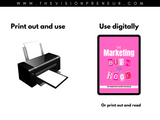 Promotional graphic for 'The Marketing Burnout Book' with printer and digital tablet illustration.