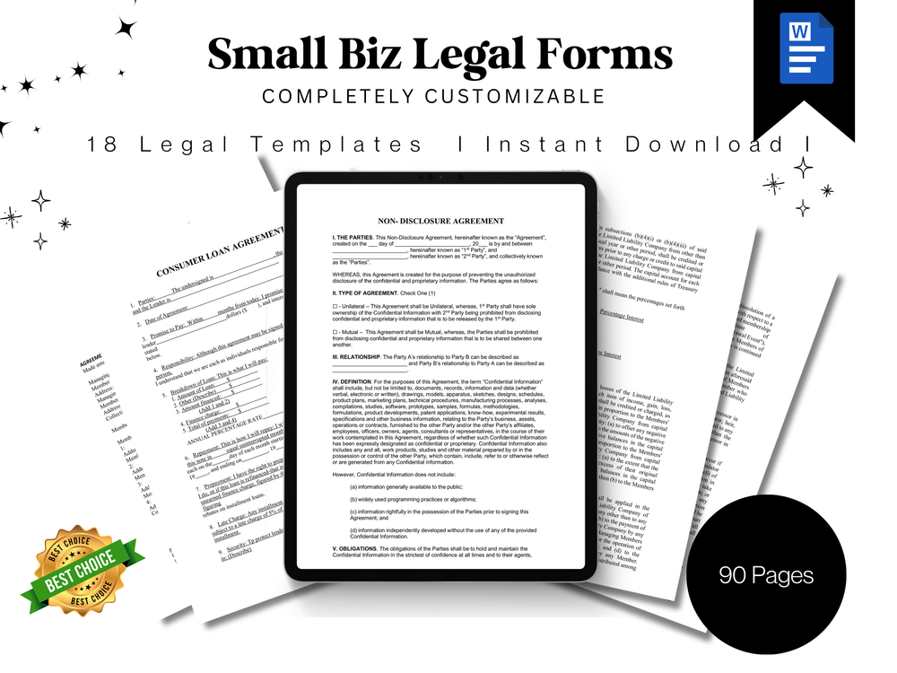 Small Business Legal Form Bundle | Bill of Sale, Cease and Desist, Operating Agreement & Contract Templates