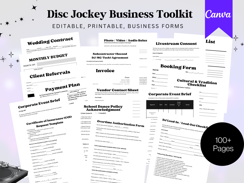 Disc Jockey Business Toolkit with various forms and contracts on a white background
