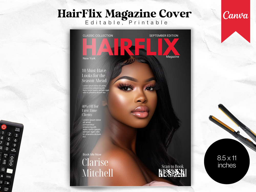 Hair Salon Magazine Cover Template: Editable Canva Flyer (Digital Download)
