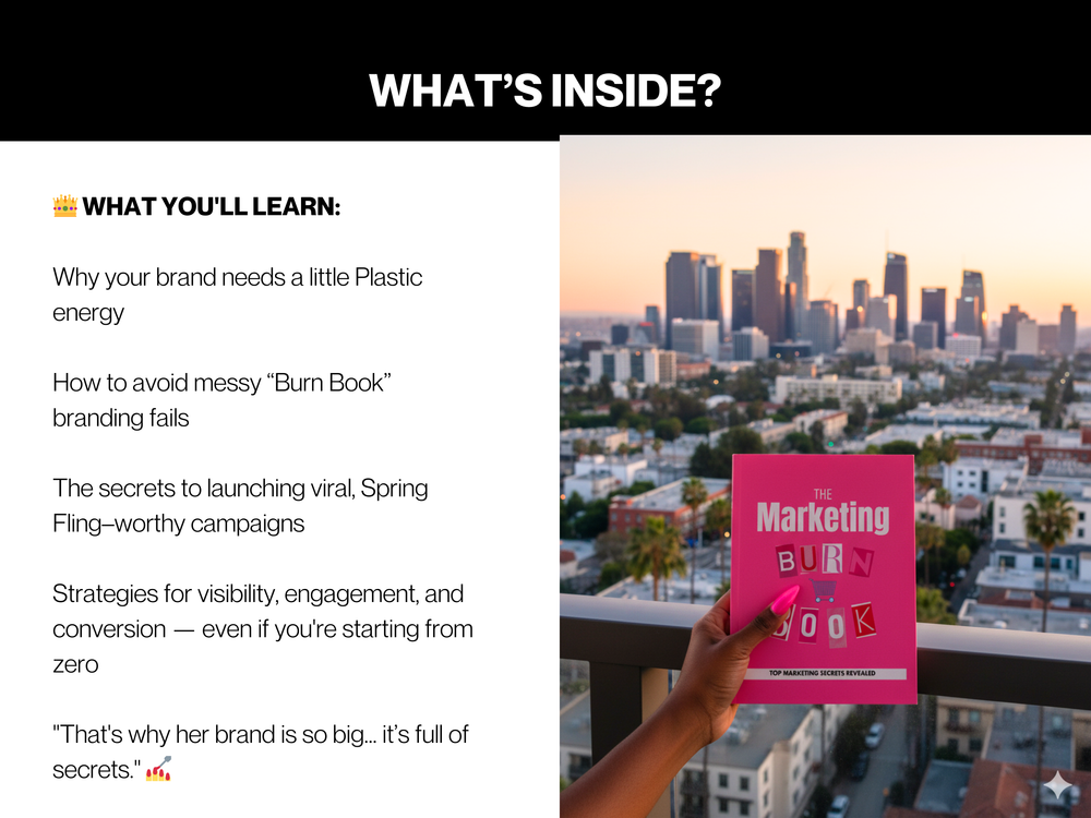 Pink book titled 'The Marketing Burn Book' held by a hand with cityscape in the background