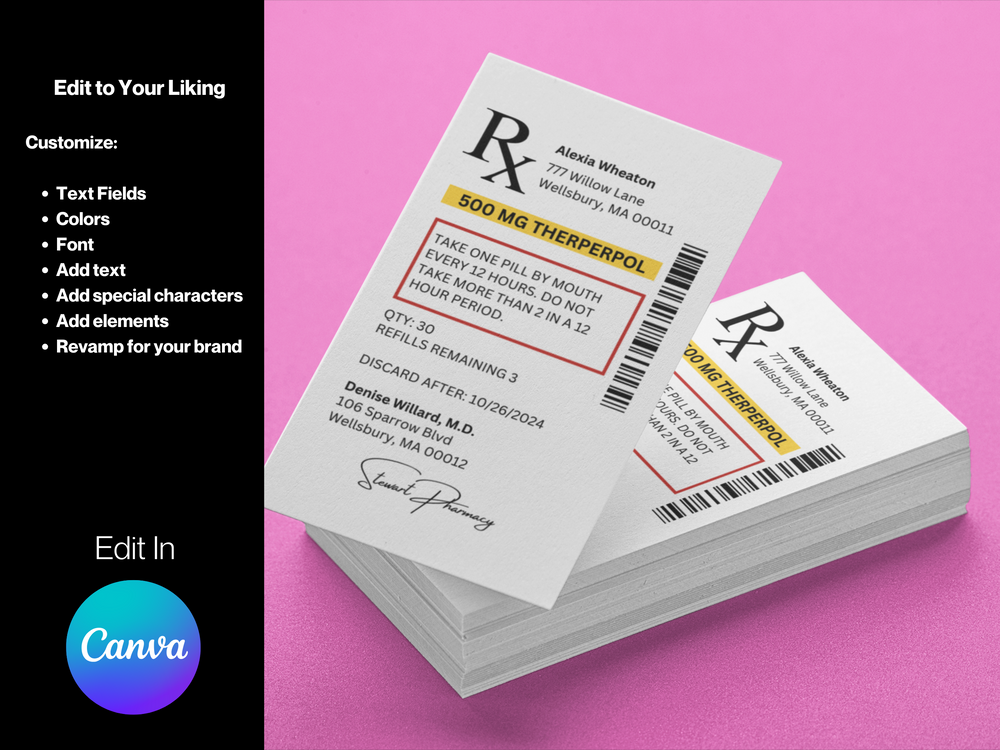 Editable RX Label Template: Custom Prescription Bottle Labels (Digital Download)