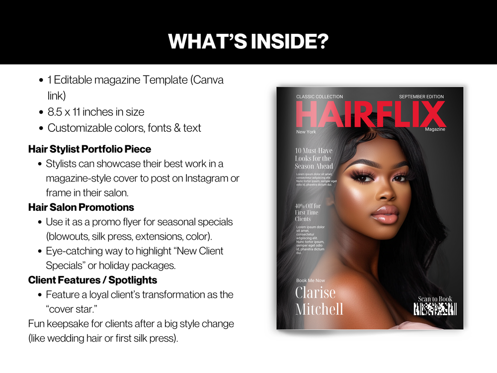 Hair Salon Magazine Cover Template: Editable Canva Flyer (Digital Download)