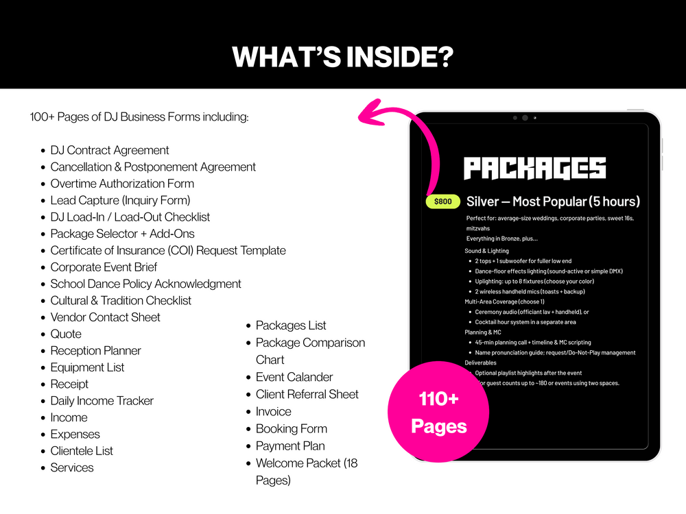 Promotional graphic for DJ business forms with a tablet displaying 'Packages' and text detailing included items.