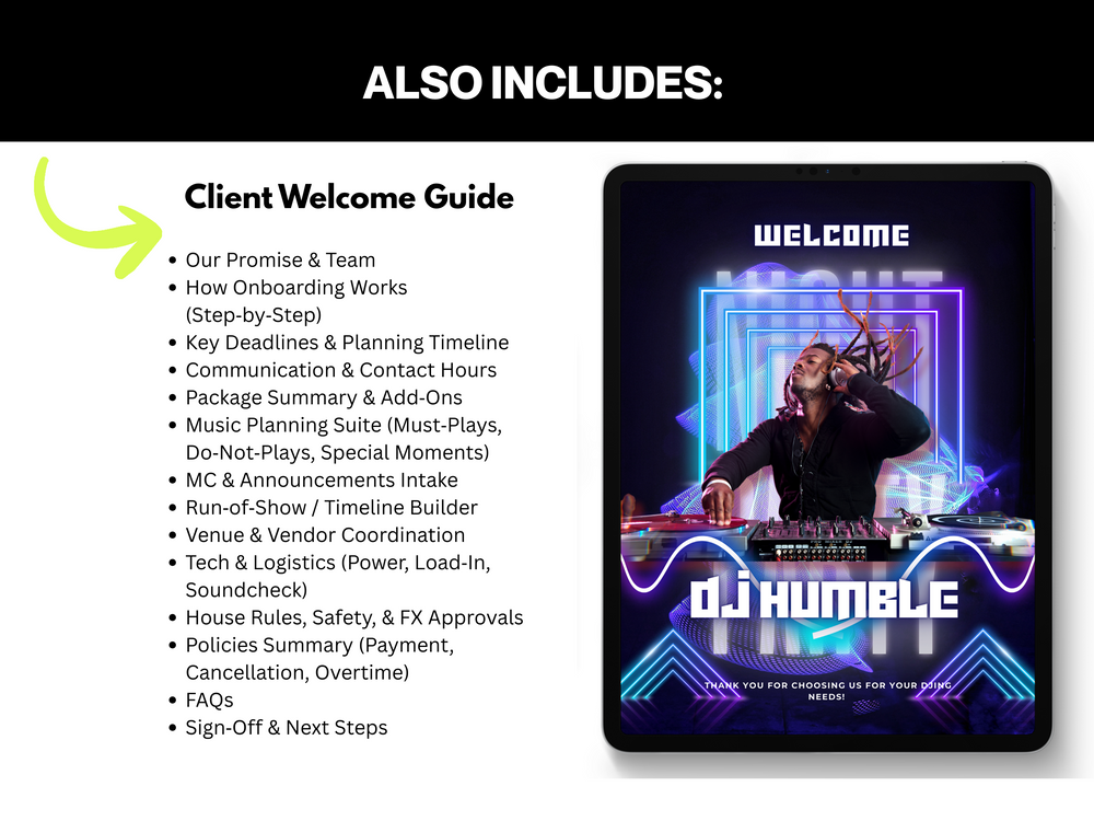 Tablet displaying a DJ service package with text on a white background