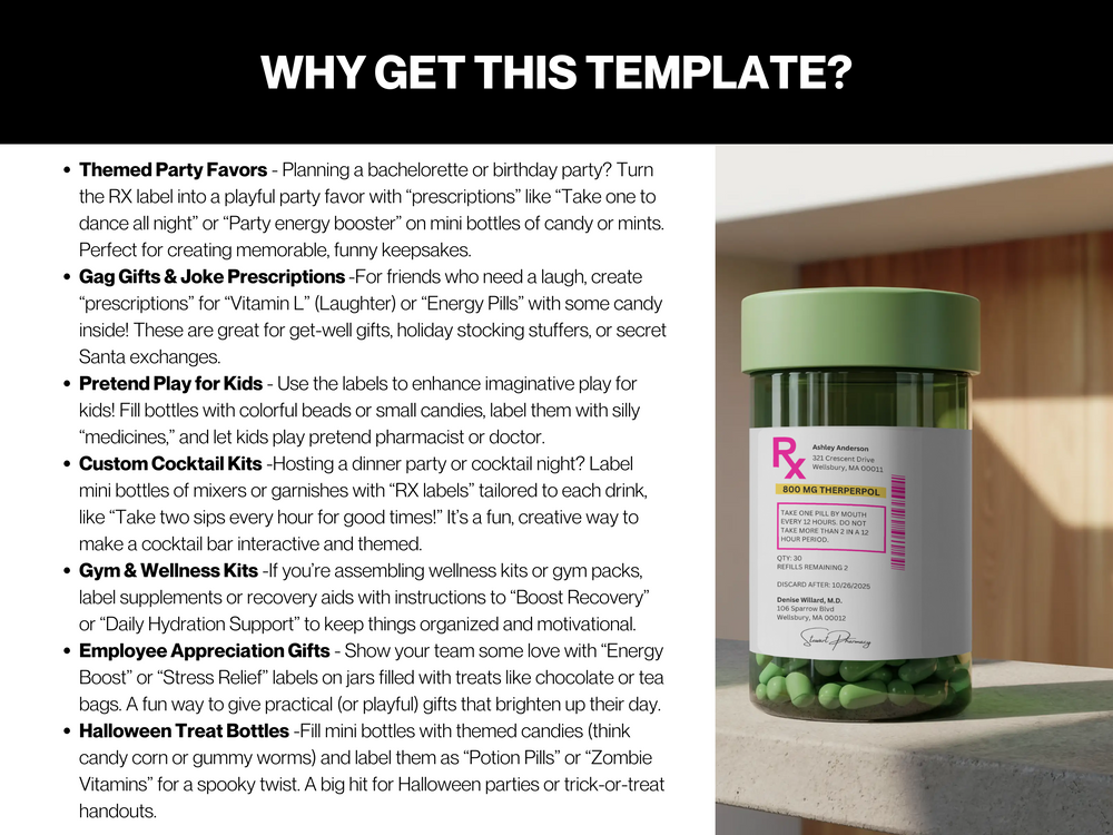 Editable RX Label Template: Custom Prescription Bottle Labels (Digital Download)