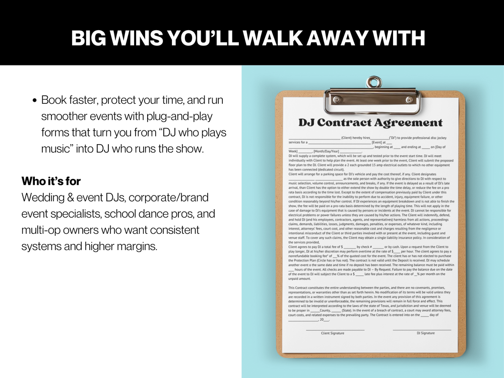 Clipboard with 'DJ Contract Agreement' on a light blue background